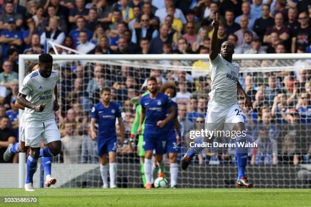 Sol Bamba of Cardiff City celebrates after scoring his team's first goal during the Premier League match between Chelsea FC and Cardiff City at...