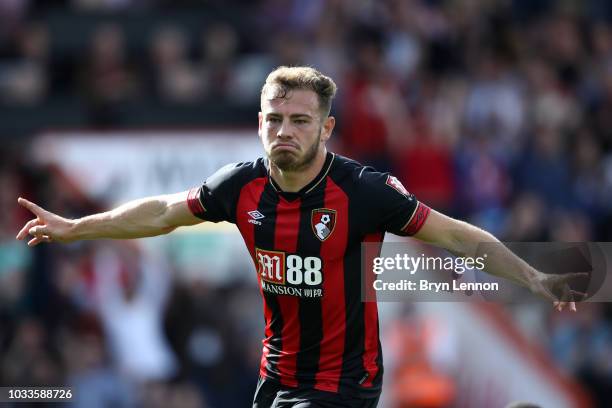 Ryan Fraser of AFC Bournemouth celebrates after scoring his team's first goal during the Premier League match between AFC Bournemouth and Leicester...