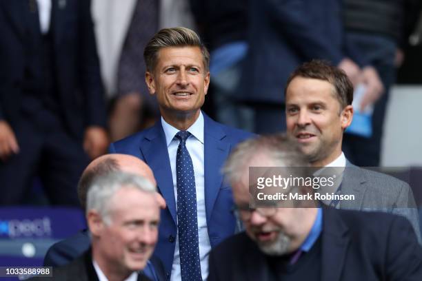 Steve Parish, Crystal Palace owner is seen in the stands prior to the Premier League match between Huddersfield Town and Crystal Palace at John...