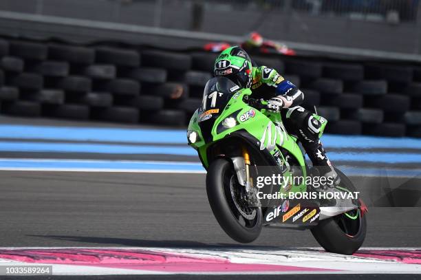 French rider Randy De Puniet on Kawasaki ZX-10R leads the pack after the start of the 82nd Bol d'Or 24-hour motorbike endurance race, at the...