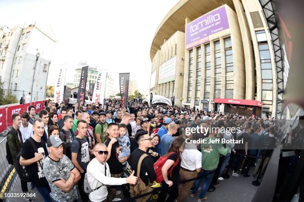 Fans wait in line during the UFC Fan Experience at the UFC Fight Night event at Olimpiysky Arena on September 15, 2018 in Moscow, Russia.