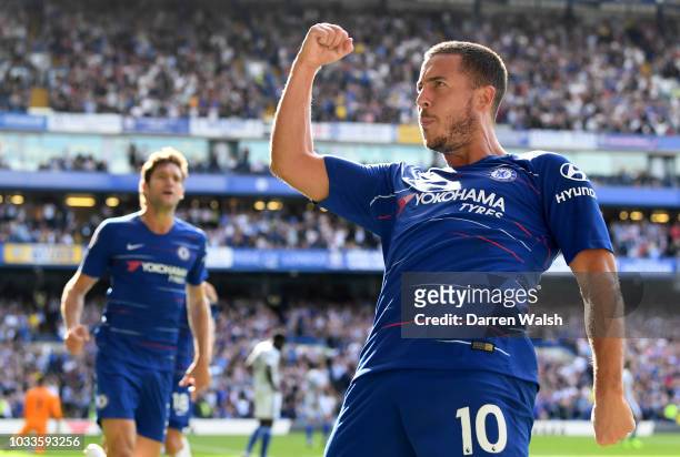 Eden Hazard of Chelsea celebrates after scoring his team's second goal during the Premier League match between Chelsea FC and Cardiff City at...