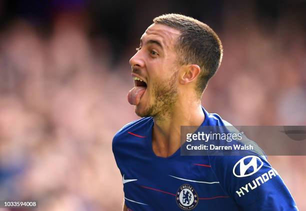 Eden Hazard of Chelsea celebrates after scoring his team's second goal during the Premier League match between Chelsea FC and Cardiff City at...
