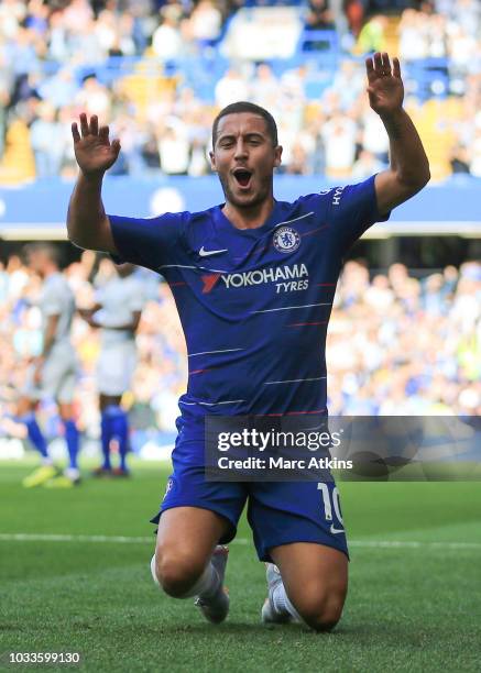 Eden Hazard of Chelsea celebrates scoring the equalising goal during the Premier League match between Chelsea FC and Cardiff City at Stamford Bridge...