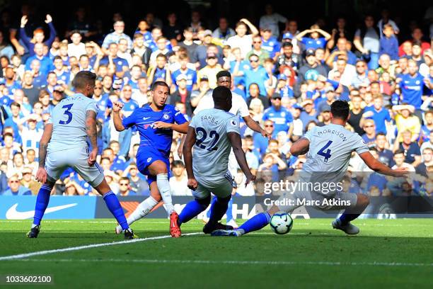 Eden Hazard of Chelsea scores their 2nd goal during the Premier League match between Chelsea FC and Cardiff City at Stamford Bridge on September 15,...