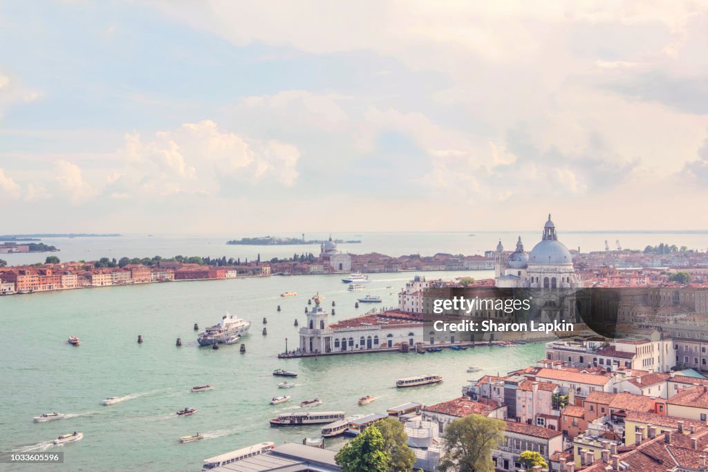 Bird's eye view of Venice rooftops and the Grand and Giudecca canals