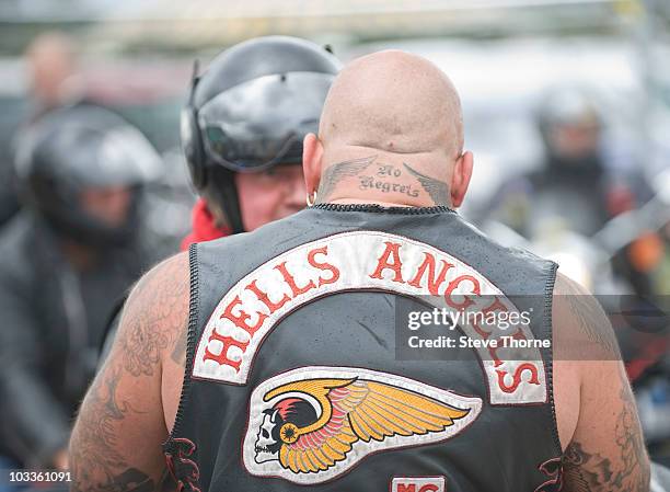 Hells Angels check visitors to the Bulldog Bash at Shakespeare County Raceway on August 12, 2010 in Stratford-upon-Avon, England.