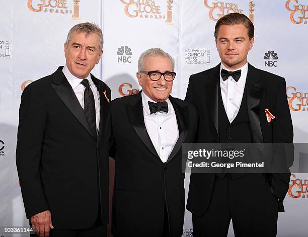 Actor Robert De Niro, director Martin Scorsese and actor Leonardo DiCaprio pose in the press room at the 67th Annual Golden Globe Awards at The...