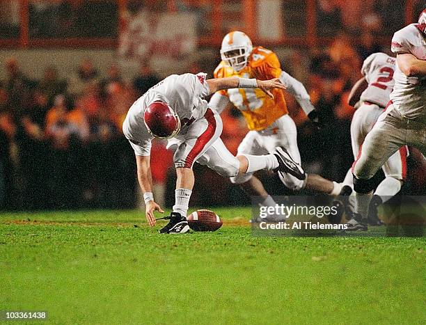 Arkansas QB Clint Stoerner in action, fumble vs Tennessee. Tennessee recovered the ball and drove for the winning touchdown. Knoxville, TN CREDIT: Al...