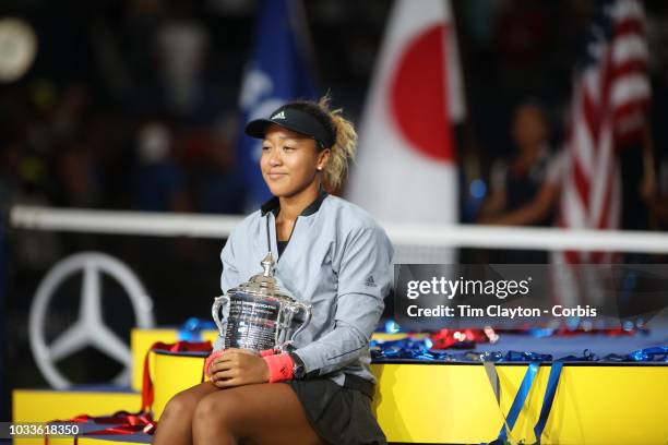 Open Tennis Tournament- Day Thirteen. Naomi Osaka of Japan with the winners trophy after her win against Serena Williams of the United States in the...