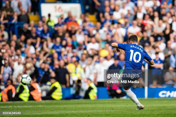 Eden Hazard of Chelsea FC scoring the 3rd goal during the Premier League match between Chelsea FC and Cardiff City at Stamford Bridge on September...