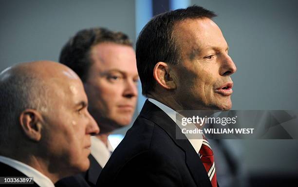 Opposition leader Tony Abbott speaks to the media as his Shadow Minister for Education Christopher Pyne and local candidate Phil Barresi listen...