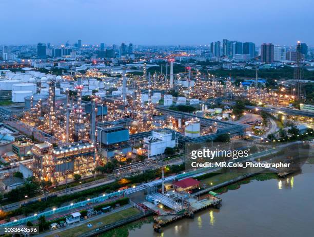 aerial view of refinery oil and petrochemical plant, industry and concept factory - thailand v qatar bildbanksfoton och bilder