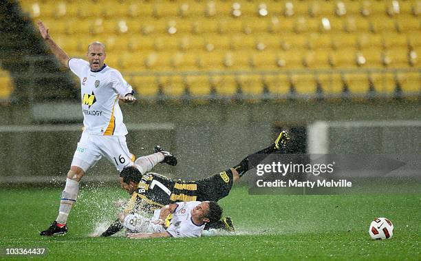 Leo Bertos of the Phoenix is tackled by James Brown of Gold Coast during the round two A-League match between the Wellington Phoenix and Gold Coast...