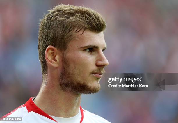 Timo Werner of Leipzig looks on during the Bundesliga match between RB Leipzig and Hannover 96 at Red Bull Arena on September 15, 2018 in Leipzig,...