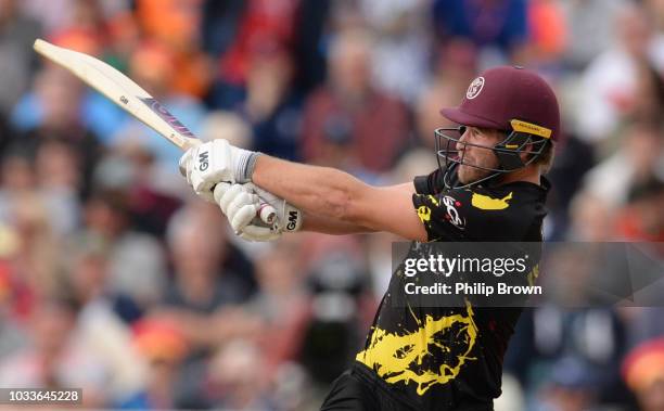 Corey Anderson of Somerset hits out during the Vitality T20 Blast second semi-final between Sussex Sharks and Somerset at Edgbaston cricket ground on...