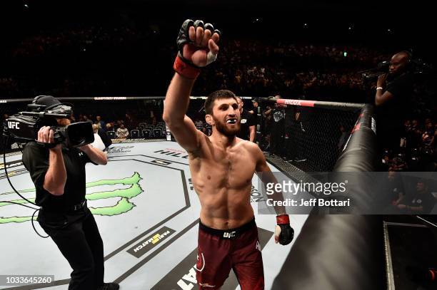 Magomed Ankalaev of Russia celebrates his victory over Marcin Prachnio of Poland after their light heavyweight bout during the UFC Fight Night event...