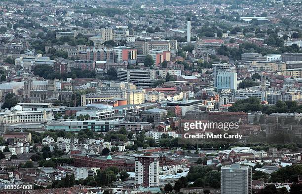 Aerial view of Bristol city centre as hot-air balloons begin to rise into the early morning sky during the mass assent at the Bristol International...