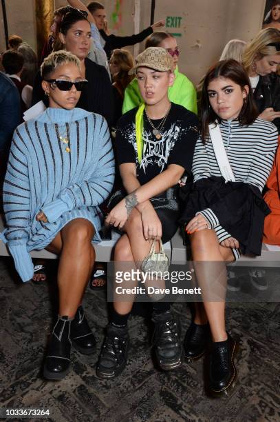 Poppy Ajudha, Betsy Johnson and Molly Moorish attend the House Of Holland front row during London Fashion Week September 2018 at the My Beautiful...