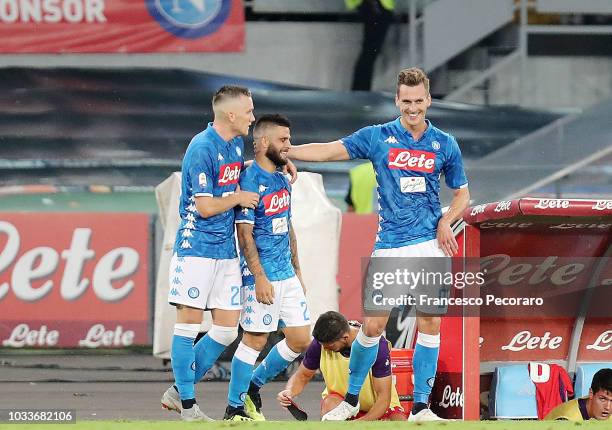 Piotr Zielinski, Arkadiusz Milik and Lorenzo Insigne of SSC Napoli celebrate the 1-0 goal scored by Lorenzo Insigne during the serie A match between...
