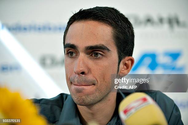 Three-time Tour de France champion Alberto Contador of Spain gives a press conference on August 13, 2010 in Herning. Astana rider Contador, the...