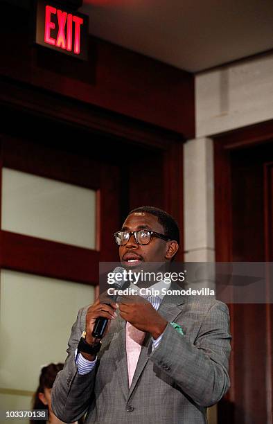 Mikael Moore, chief of staff and grandson of Rep. Maxine Waters , speaks during a news conference where Waters challenged the charges made against...