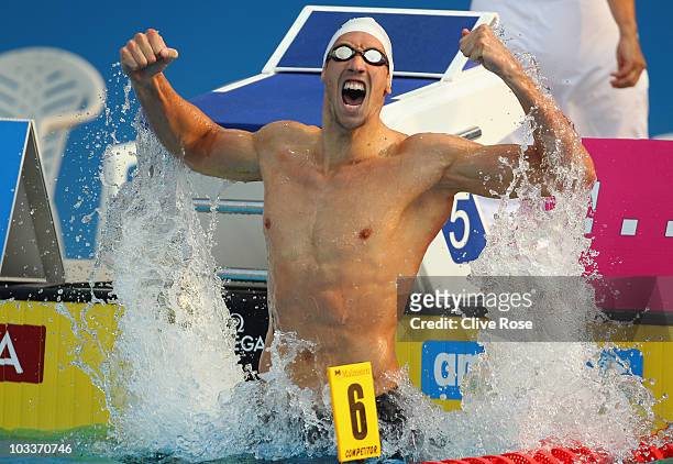 Alain Bernard of France celebrates after winning the Men's 100m Freestyle Final during the European Swimming Championships at the Hajos Alfred...