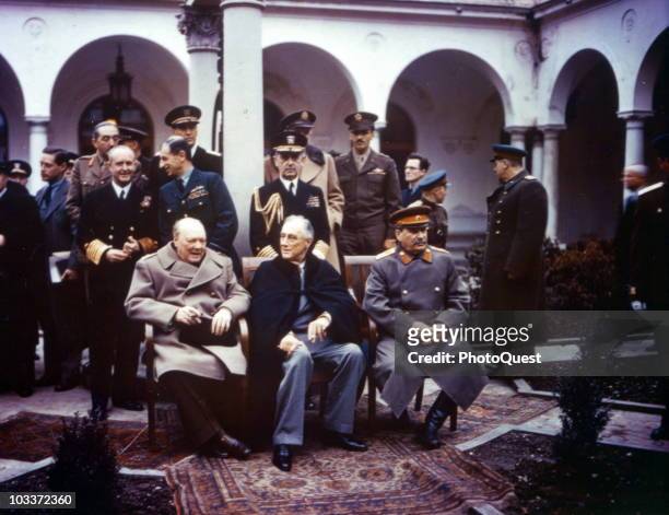Group portrait of Allied leaders at the Yalta Conference held at the Livadia Palace, Livadiya , Soviet Union , February 1945. Seated are, from left,...