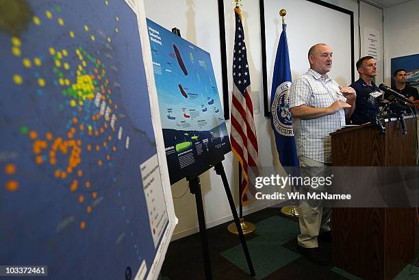 National Incident Commander Thad Allen briefs members of the press with Coast Guard Rear Adm. Paul Zukunft at the Houma Incident Command Post August...