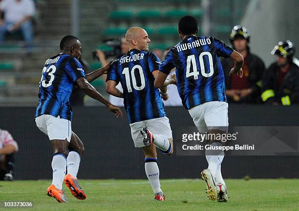 Wesley Sneijder of Inter celebrates after scoring the opening goal during the TIM preseason tournament at Stadio San Nicola on August 13, 2010 in...