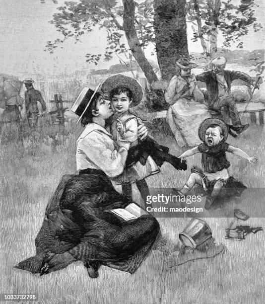 grandmother, grandfather, mother and two children relax in the park - 1895 - grandmother portrait stock illustrations