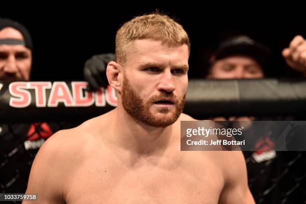 Jan Blachowicz of Poland stands in his corner prior to his light heavyweight bout against Nikita Krylov of Ukraine during the UFC Fight Night event...