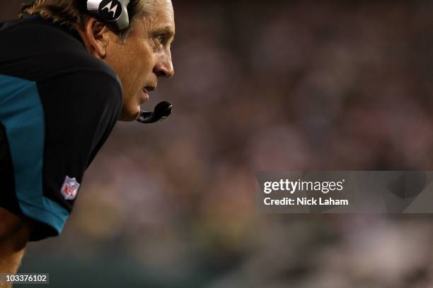 Head coach of the Jacksonville Jaguars, Jack Del Rio looks on from the sideline against the Philadelphia Eagles during their preseason game at...
