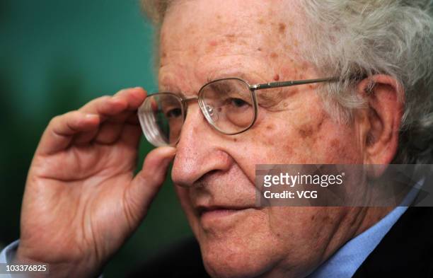 Noam Chomsky reacts during the ceremony for the Conferment of the Honorary Doctorate at Peking University on August 13, 2010 in Beijing, China.