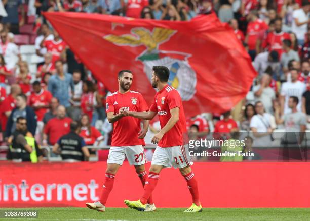Rafa Silva of SL Benfica celebrates with teammate Pizzi of SL Benfica after scoring a goal during the Portuguese League Cup match between SL Benfica...