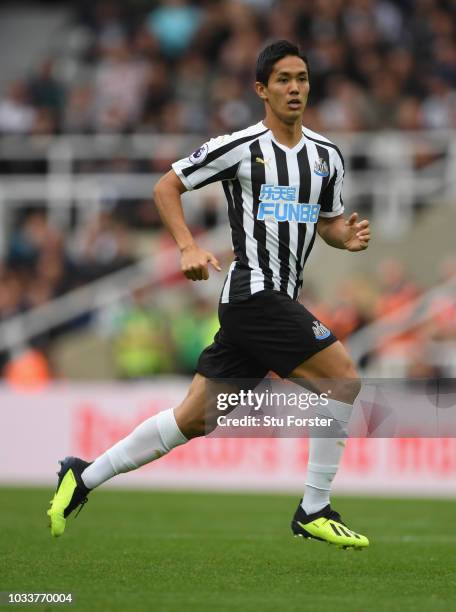 Newcastle player Muto in action during the Premier League match between Newcastle United and Arsenal FC at St. James Park on September 15, 2018 in...