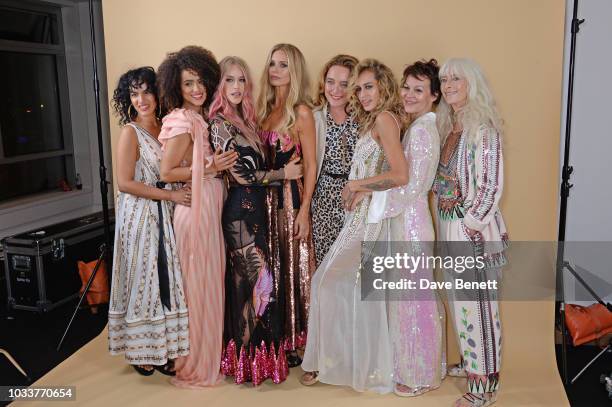 Anoushka Shankar, Nathalie Emmanuel, Mary Charteris, Laura Bailey, Alice Temperley, Alice Dellal, Helen McCrory and Diana Temperley pose backstage at...