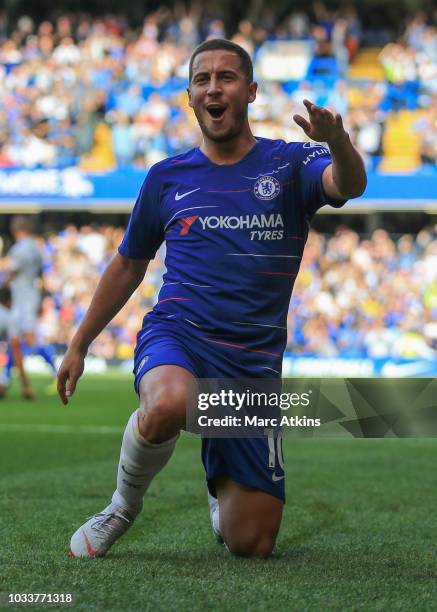 Eden Hazard of Chelsea celebrates scoring the equalising goal during the Premier League match between Chelsea FC and Cardiff City at Stamford Bridge...