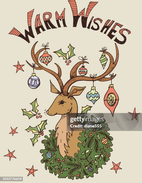 hand drawn vintage christmas elements - cute deer stock illustrations