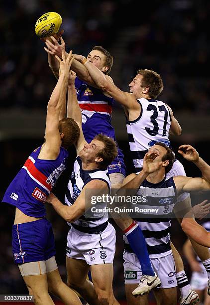 Jordan Roughead of the Bulldogs attempts to mark during the round 20 AFL match between the Western Bulldogs and the Geelong Cats at Etihad Stadium on...