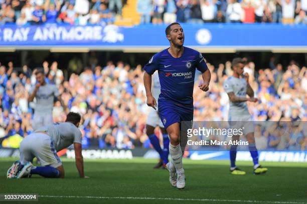 Eden Hazard of Chelsea celebrates scoring the equalising goal during the Premier League match between Chelsea FC and Cardiff City at Stamford Bridge...