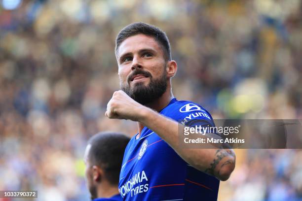 Olivier Giroud of Chelsea celebrates during the Premier League match between Chelsea FC and Cardiff City at Stamford Bridge on September 15, 2018 in...