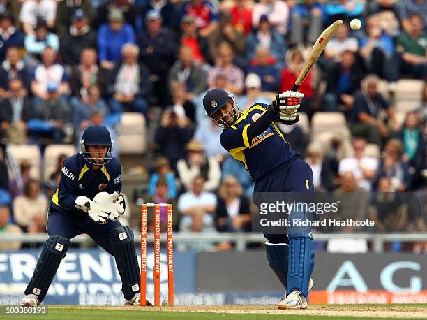 Abdul Razzaq of Hampshire smashes a six during the Friends Provident T20 Semi Final between Hampshire Royals and Essex Eagles at The Rose Bowl on...