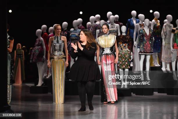 Designer, Mary Katrantzou walks the runway during the finale of her show during London Fashion Week September 2018 at The Roundhouse, on September...