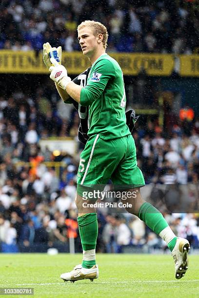 Joe Hart of Manchester City applaudes the fans after the Barclays Premier League match between Tottenham Hotspur and Manchester City at White Hart...