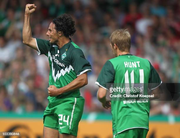Claudio Pizarro of Bremen celebrates his first goal during the DFB Cup first round match between Rot Weiss Ahlen and SV Werder Bremen at Werse...