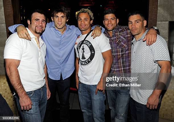 Mixed martial artists Phil Baroni, Jon Fitch, Josh Koscheck and Josh Thomson and Fitch's trainer Gary Owens appear at a bachelor party for Fitch at...