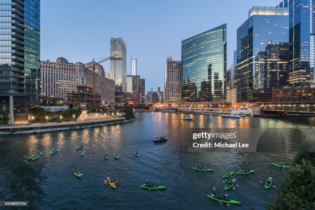 Kayakers on Chicago River at Twilight