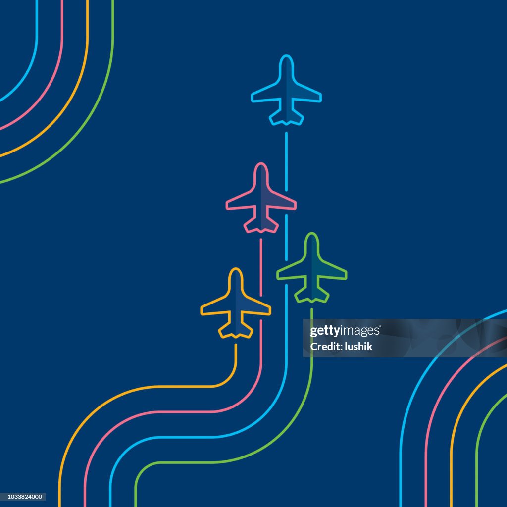 Four airplanes flying up on navy blue