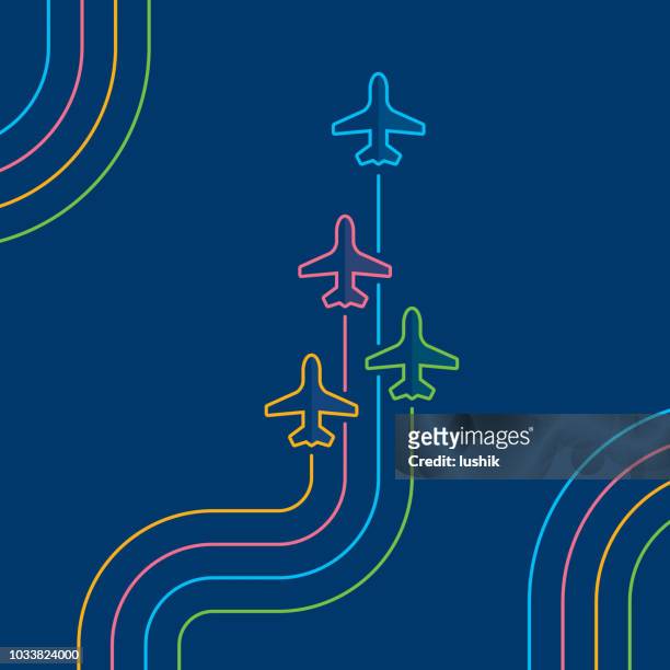 four airplanes flying up on navy blue - travel destinations stock illustrations